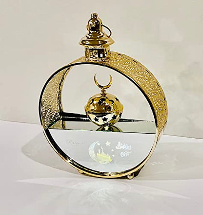 Eid Mubarak Hanging Lantern Islamic Metal Lamp Islamic Lamp, Ramadan Mubarak LED Light, Eid ul Fitr Hanging Lantern Glass and Metal Lantern for Home, Offices, Eid Gifts 14"X10" (Crescent) - color: Crescent