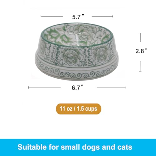 Aimusego Ceramic Cute Dog Cat Bowl for Small Breeds, Handpainted Green & White Heavyweight Durable Pet Food and Water Dish Crock, Dishwasher Safe- 1.5 Cups - color: Green Peony scrolls-S, size: Small (11OZ)