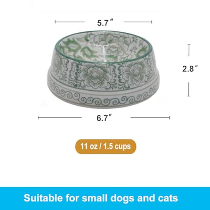Aimusego Ceramic Cute Dog Cat Bowl for Small Breeds, Handpainted Green & White Heavyweight Durable Pet Food and Water Dish Crock, Dishwasher Safe- 1.5 Cups - color: Green Peony scrolls-S, size: Small (11OZ)