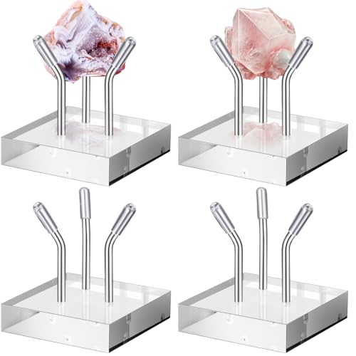 Weysat 4 Pack Clear Acrylic Display Stand, Metal 3 Peg Rock Display Easel Stands for Fossil Coral Crystal Geodes Rock Mineral Agate Small Collectibles Acrylic Holder (2.4”x2.4”x2.4”,Silver) - color: Silver, size: 2.4”x2.4”x2.4”