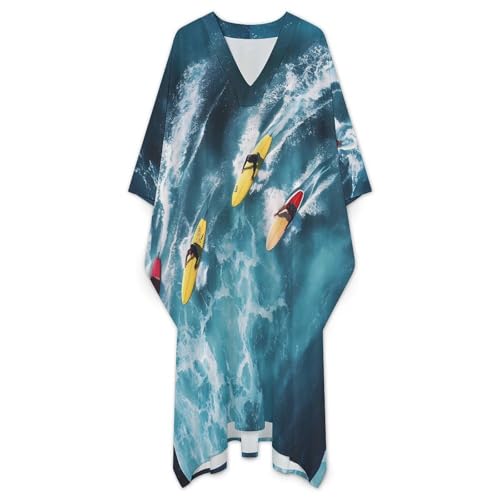 Surfers Surfing on Boards Men's Kaftan Thobe V-Neck Long Gown Loose Robe - size: 5X-Large