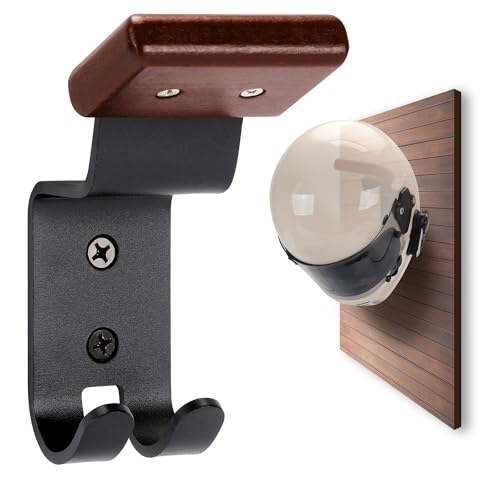 Motorcycle Helmet Holder Wall Mount - Solid Wood & Steel 1 Pack | Gear Organizer Rack with 2 Hooks, Heavy Duty Display Hanger for Helmets, Football Gear, Ski Equipment, Hats, Jackets