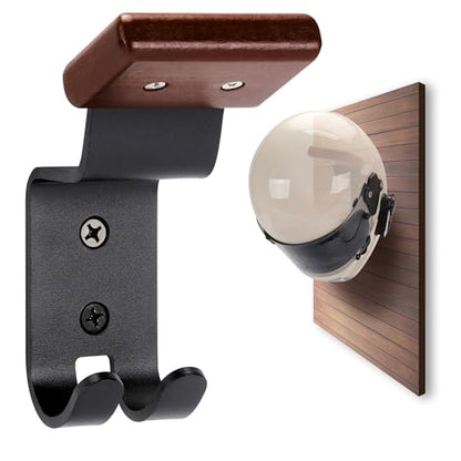 Motorcycle Helmet Holder Wall Mount - Solid Wood & Steel 1 Pack | Gear Organizer Rack with 2 Hooks, Heavy Duty Display Hanger for Helmets, Football Gear, Ski Equipment, Hats, Jackets