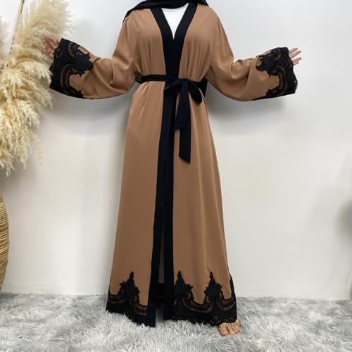 AFAVOM Women Turkey Abaya Islamic Muslim Prayer Dress Embroidered Cardigan Kaftan Dubai Robe Casual Turkish Modest Dress - color: Brown, size: Large