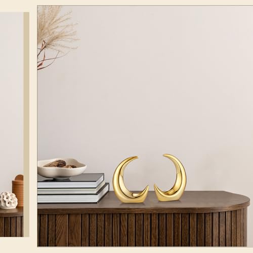 CroBlissful 2 Pieces Gold Moon Statue Home Decor Modern Style Ceramic Figurines Crescent Moon Decorative Ornaments for Living Room Bedroom Office Table Desktop Cabinets Accents Bookshelf Desk