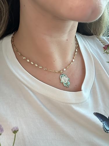 14K Solid Gold Pendant Necklace Hand-Painted Abstract Hamsa Hand and Allah Calligraphy (Evil Eye) - Gift for Men, Women, Daughter, Son, Unisex Adults, Kids - color: Light Green Fatima Hand w/ Allah Calligraphy, style: Pendant w/ Cuban Link 16"