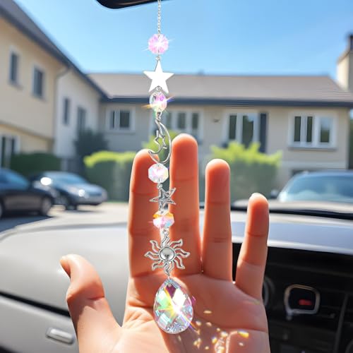 Moon and Star Rear View Mirror Car Charm, Cute Boho Sun Catcher Pendant Hangings Ornaments Healing Crystals Stones Car Decor for Women Men(A)