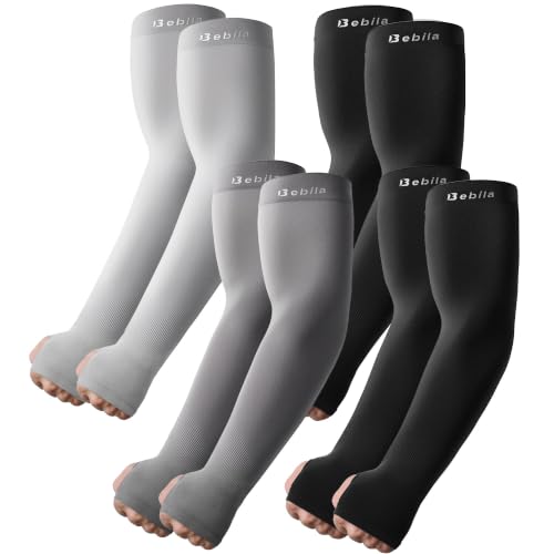 Bebila Arm Sleeves with Thumb Hole for Men Women, Sun Protection UV Cooling Sleeves Outdoor - color: 2 Black+light Grey+dark Grey, size: Medium
