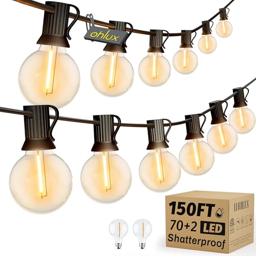 OHLUX Outdoor String Lights, 150FT Patio Lights with 70+2 Dimmable Plastic LED G40 Bulbs, 2200K Waterproof Connectable Hanging String for Backyard Cafe Porch Deck E12 Base - size: 150FT