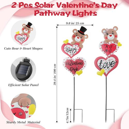 Lewondr 2 Pcs Valentine's Day Decorations Outdoor, Metal Solar Pathway Lights, Love Bear Decorative Garden Stakes Lights with 12 LED Beads, Waterproof Yard Signs for Porch Lawn Wedding Anniversary - style: Heart and Bear