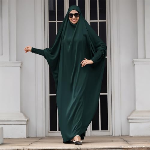 IDOPIP Muslim Abaya for Women One Piece Long Sleeve Islamic Prayer Dress with Hooded Hijab Maxi Kaftan Robe Modest Clothes - color: Blackish Green