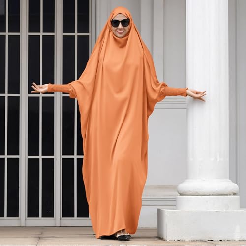 IDOPIP Muslim Abaya for Women One Piece Long Sleeve Islamic Prayer Dress with Hooded Hijab Maxi Kaftan Robe Modest Clothes - color: Orange