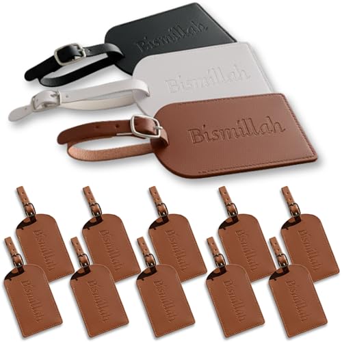 Set of 10 Bismillah Embossed Luggage Tags | Gifts, Event, Party Favors | for Nikkah Henna Walima Wedding Engagement Bridal Shower Baby Shower Conference Events Guests (Color: Tan. Set of 10) - color: Tan