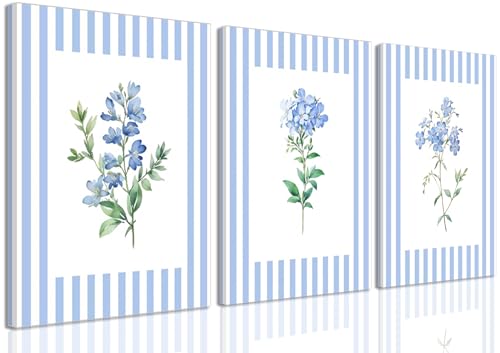 Rustic Blue and White Striped Canvas Floral Wall Art Prints Set of 3, Retro Cottagecore Botanical Flower Posters Pictures Wall Decor, for Bedroom Bathroom Living Room home decor24x16In Framed - color: blue flower anvas, size: 24"L x 16"W