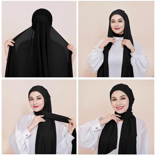 XEPST Instant Hijab for Women, Islamic Muslim Chiffon Hijab with Matching Tie Back Hijab Undercap Soft Instant Hijab Ready to Wear Solid Color Headscarf Turban Wrap Hijab Scarf for Women, Black