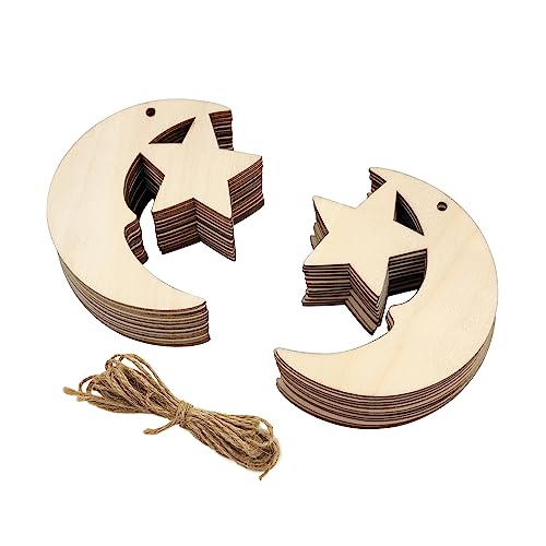 32 Pack Wooden Moon and Star Cutouts - Glitter Crescent Hanging Ornaments, Gift Tags for Home Party Decoration, Craft Project