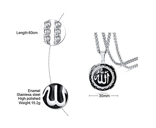 MEALGUET Allah Medallion Necklace, Stainless Steel Islamic Jewelry,Arabic Jewelry,Allah Name of God Round Pendant Necklace for Women and Men with Agate Beaded Chain, Muslim Gift Jewelry, Gift - style: Silver-stainless steel chain necklace