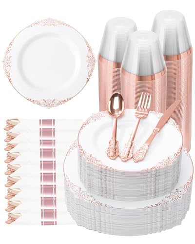 Goodluck 350 Piece Rose Gold Plastic Dinnerware Set for 50 Guests - color: Rose Gold, size: 50 Guests
