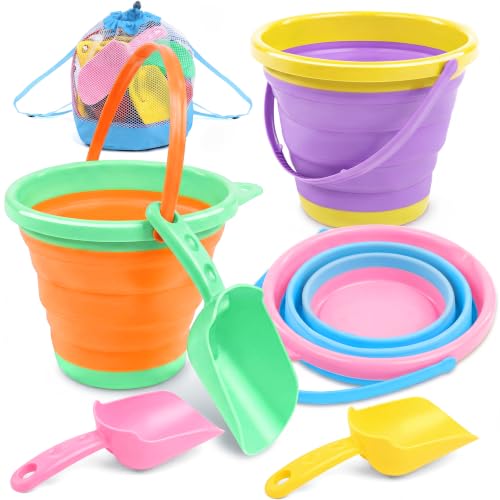 JOYIN 3 Packs Foldable Pail Bucket with Shovels & Mesh Bag, Collapsible Buckets Multi Purpose for Beach, Camping Gear, Beach Party, Fishing, and Fun Summer Activities (Orange/Blue/Purple) - color: Orange/Blue/Purple