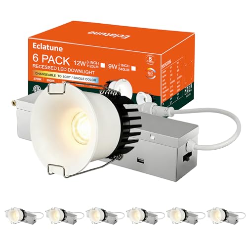 2 Inch Anti-Glare Recessed Lighting IP65 Shower Light 5CCT Waterproof LED Downlight with Junction Box, 2700K-5000K Selectable CRI90+, 9W COB, 840LM Dimmable ETL 6 Pack - color: White-6P, size: 2 Inch