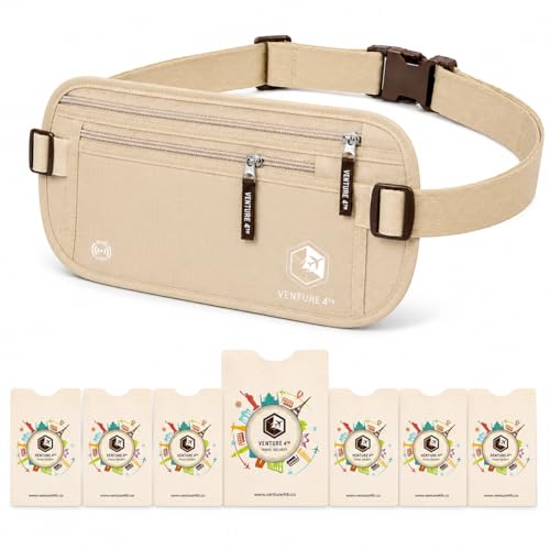 VENTURE 4TH RFID Money Belt for Travel with RFID Blocking Sleeves – Slim Hidden Travel Wallet & Passport Holder for Men & Women, Lightweight Anti-Theft Pouch to Protect Cash, Cards & Documents - Beige - color: Beige