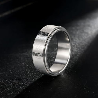 Hipunk Stainless Steel Islamic Muslim Shahada Ring - Mohammad Arabic Letter Rings Band Prayer Religious Calligraphy Ayatul Kursi Allah Rings Eid Ramadan for Men Women Size 9-12 - color: Rotatable-steel