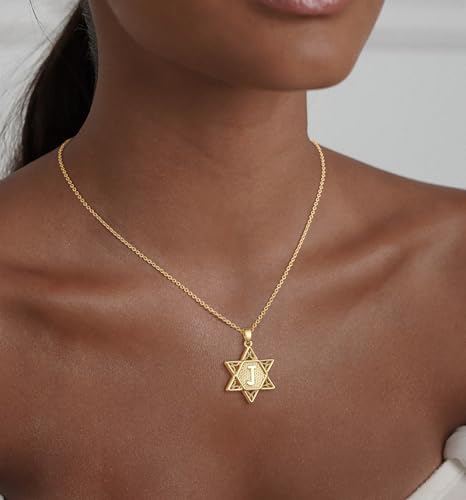 Gold Initial Necklaces for Women Dainty Pendant Letter Necklace 14K Gold Plated Jewish Star of David Religious Jewelry Personalized Gift Non Tarnish Waterproof 16.5-18.5 Inches - style: Initial J