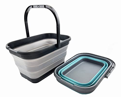 SAMMART 12L (3.1 Gallon) Collapsible Rectangular Handy Bucket/Multiuse Foldable Water Pail for Camping, Fishing (Alloy Grey + Crystal Blue (Set of 2)) - color: Alloy Grey + Crystal Blue (Set of 2)