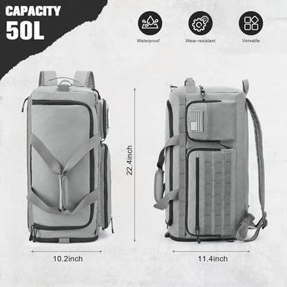 G4Free 3-in-1 Duffle Bag Travel Gym Sports, Large Tactical Duffel Backpack | 50L/65L with Shoes Compartment and Wet Pocket, Military Workout Bag for Men and Women, Grey - color: Grey