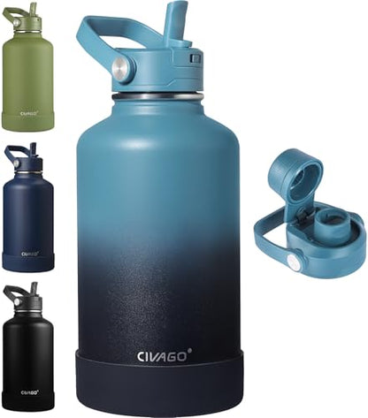 CIVAGO 64 oz Insulated Stainless Steel Water Bottle with Detachable Straw, Large Half Gallon Water Jug with Bucket Handle, Big Metal Leakproof Flask with Silicone Boot, Dishwasher Safe, Indigo Black - color: .Indigo Black, size: 64 Ounces