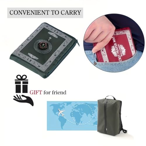 Portable Polyester Prayer Mat for Muslims Square Unnapped Woven Fabric Compass Machine Washable Green