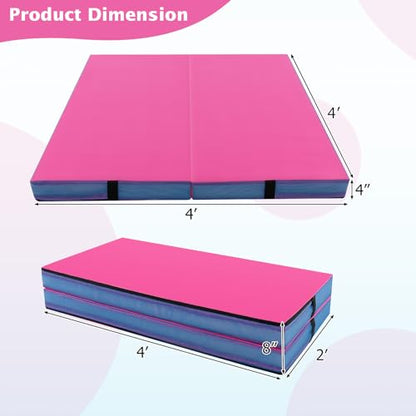 Giantex 4" Thick Folding Gymnastics Mat, 4' x 4' Bio-Folding Exercise Mat with Carry Handles & PU Leather Cover, Gym Home Tumbling Mat for Kids, Yoga, Fitness, Pilates & Martial Arts - color: Pink