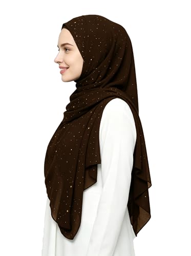 Lina & Lily Sparkle Shimmer Gold Glitter Women's Chiffon Hijab Head Scarf Shawl Wrap Lightweight - color: Dark Brown