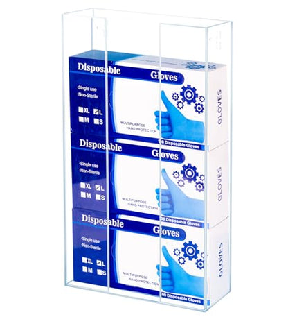 WodGod Acrylic Gloves Box Dispenser Holder Wall-Mounted,3 Box Capacity,Glove and Facial Tissue Wire Rack for Kitchen,Healthcare,Hospital,Restaurant,Workshop,Office,Etc(10”x3.2”x17”)