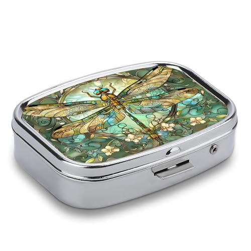 Metal 2 Compartment Pill Organizer Travel Friendly Portable Compact Pill Box Cute Pill Case to Hold Vitamins,Fish Oil,Supplements,Meds,Tablet for Purse,Pocket. (Dragonfly) - color: Dragonfly
