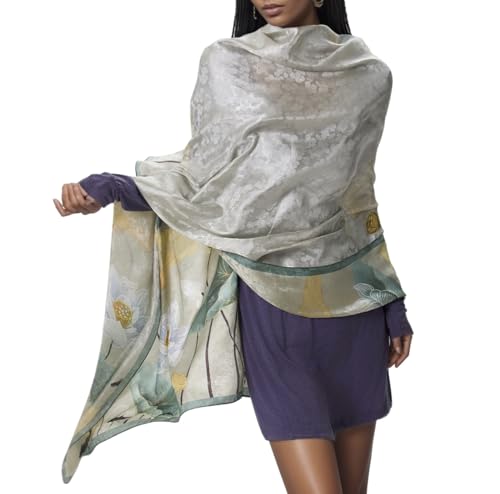 Extra Large Silk Scarf for Women 100% Mulberry Silk Shawl Wrap Oversized Jacquard Floral Scarves with Elegant Gift Box - color: Lotus Garden