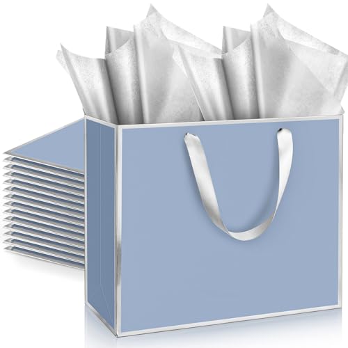 ReliThick 12 Pack Paper Gift Bag with Handles & Tissue, Dusty Blue, Silver - color: Dusty Blue, Silver