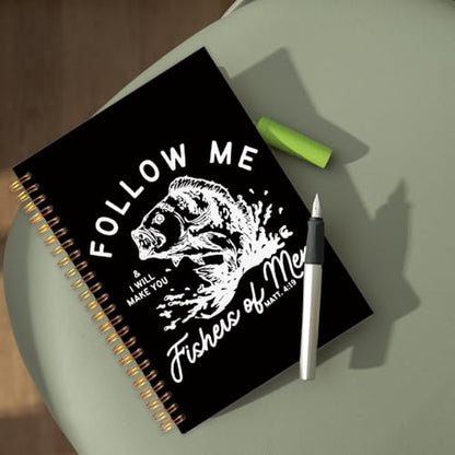 WUCHJ Black Retro Fish Christian Notebook, Matthew 4:19 Bible Verse Journal, Religious Scripture Spiral Notebook Journal for Note Taking, Christian Faith Based Gifts for Women Men, 5.5x8.3 Inch - color: black fish follow me