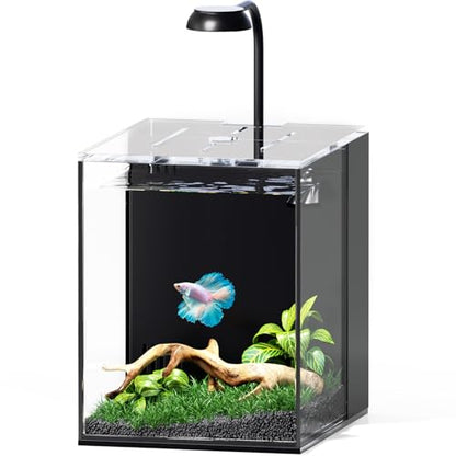 2 Gallon Glass Fish Tank Kit with Hidden Filtration Light Lid Rimless | Black Background, Dry-wet Separation Filtration, Self-cleaning, Ultra-quiet, Adjustable Water Flow, for Betta Shrimp Guppy