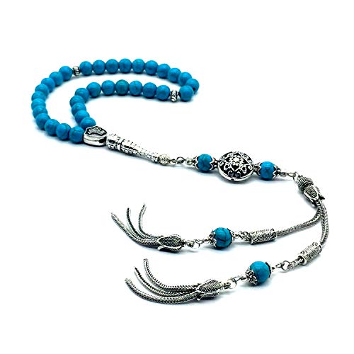 Design - New Long & Stylist Tassels Worry Beads - Prayer Beads (8 mm-33 Beads) Tesbih-Tasbih-Tasbeeh-Misbaha-Subha-Sebha-Sibha-Rosary (Synthetic Turquoise Stone - Twin Tassel) - color: Synthetic Turquoise - Twin Tassel