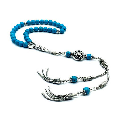 Design - New Long & Stylist Tassels Worry Beads - Prayer Beads (8 mm-33 Beads) Tesbih-Tasbih-Tasbeeh-Misbaha-Subha-Sebha-Sibha-Rosary (Synthetic Turquoise Stone - Twin Tassel) - color: Synthetic Turquoise - Twin Tassel