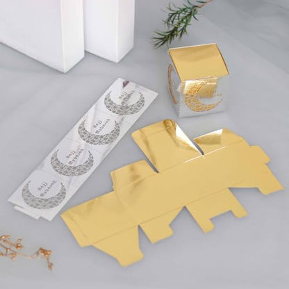 50 Pieces Eid Mubarak Boxes, Ramadan Goodie Gable Boxes, Reflective Paper Crescent Design Gift Boxes for Middle Eastern Festival Celebrations and Treats