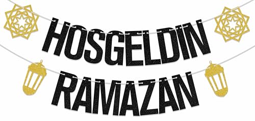 Hosgeldin Ramazan Banner Happy Ramadan Decorations Eid Decor Ramadan Mubarak Banner Eid Festival Party Decor Supplies - color: Black Hosgeldin Ramazan