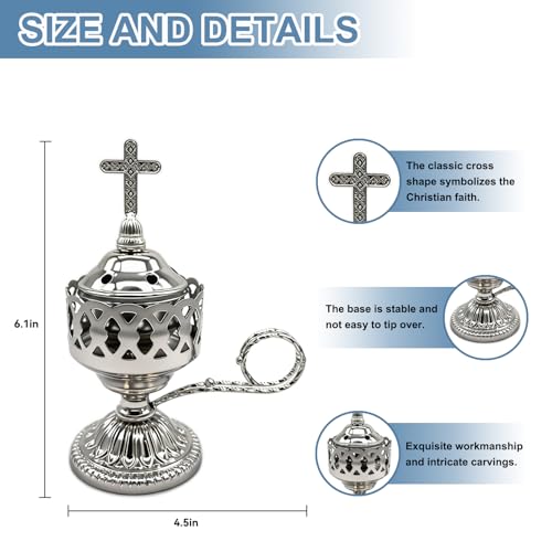 Electric Incense Burner, Frankincense Charcoal Incense Stand, Bakhoor Incense Burner Holder, Ideal for Aromatherapy, Yoga and Spa, Home and Christian Church Censer (Silver)