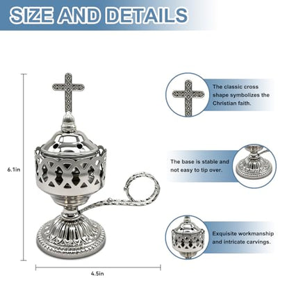 Electric Incense Burner, Frankincense Charcoal Incense Stand, Bakhoor Incense Burner Holder, Ideal for Aromatherapy, Yoga and Spa, Home and Christian Church Censer (Silver)
