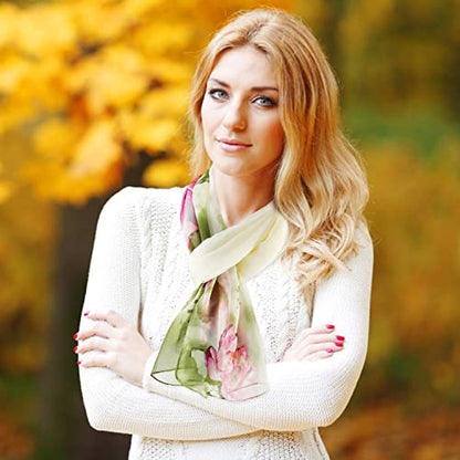 E-Clover Women Soft Floral Print Shawl Chiffon Sheer Scarf - color: Green Pink Lotus