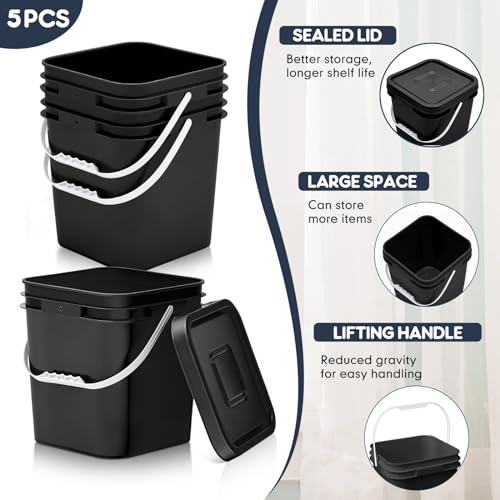 Mumufy 10 Pcs 3.5 Gallon Square Food Grade Bucket with Lid Plastic Buckets Pail with Handle Lid Heavy Duty Buckets for Storing Dry Food Charcoal Camping Fishing(Black) - color: Black, style: Square
