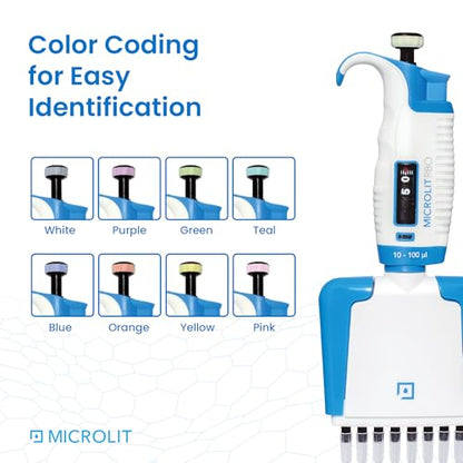 MICROLIT - Multi Channel Pipettes with Adjustable Volume, Accurate and Calibrated Micropipette for 10-100ul Liquid Capacity, 8-Channel Micropipettes Compatible with Pipette Tips - size: 10-100ul, style: 8-Channels