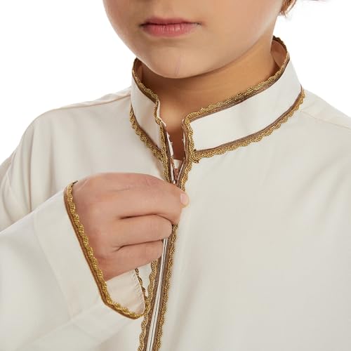 Muslim Abaya Islamic Thobe for Boys Long Sleeve Solid Festive Clothes Teen Kids Cozy Ramadan Prayer Thobe with Pocket - color: Beige, size: 3-4T