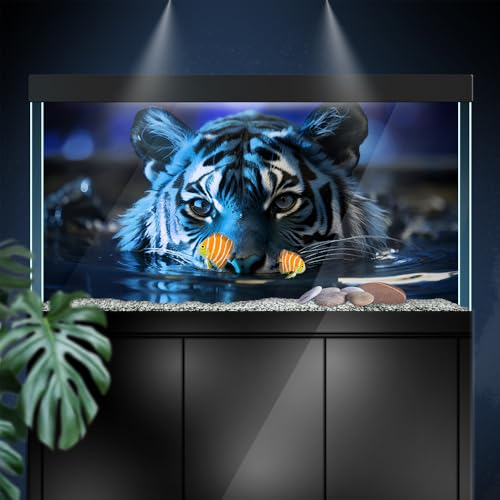 Aquarium Background Stickers - Tiger, Blue, Water, Reflection Self-Adhesive Fish Tank Reptile Terrarium Decor Poster (60 x 40 cm / (23.6 x 15.7 inches)) - size: 60 x 40 cm / (23.6 x 15.7 inches)